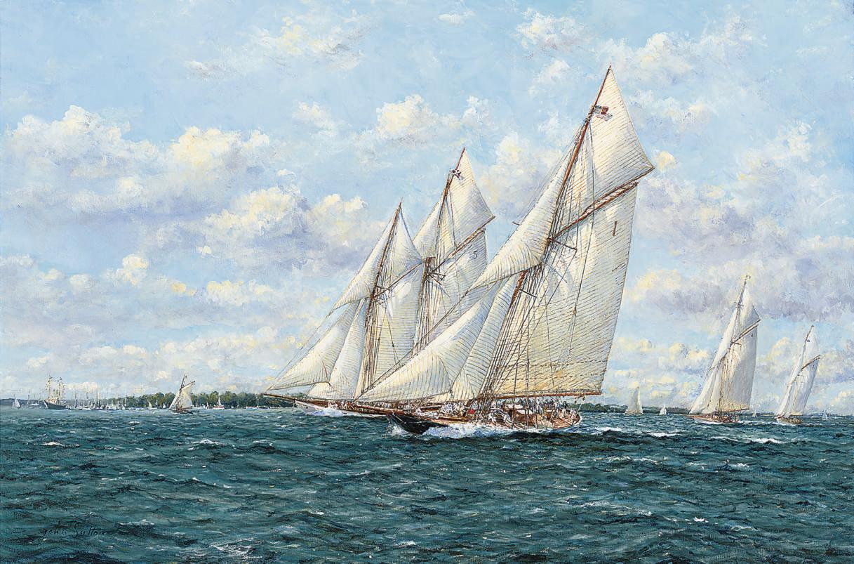 John Sutton - Halcyon days of yachting\':  Westward and Britannia racing towards the finishing line, with Lulworth and Shamrock astern, Cowes Week, 1926