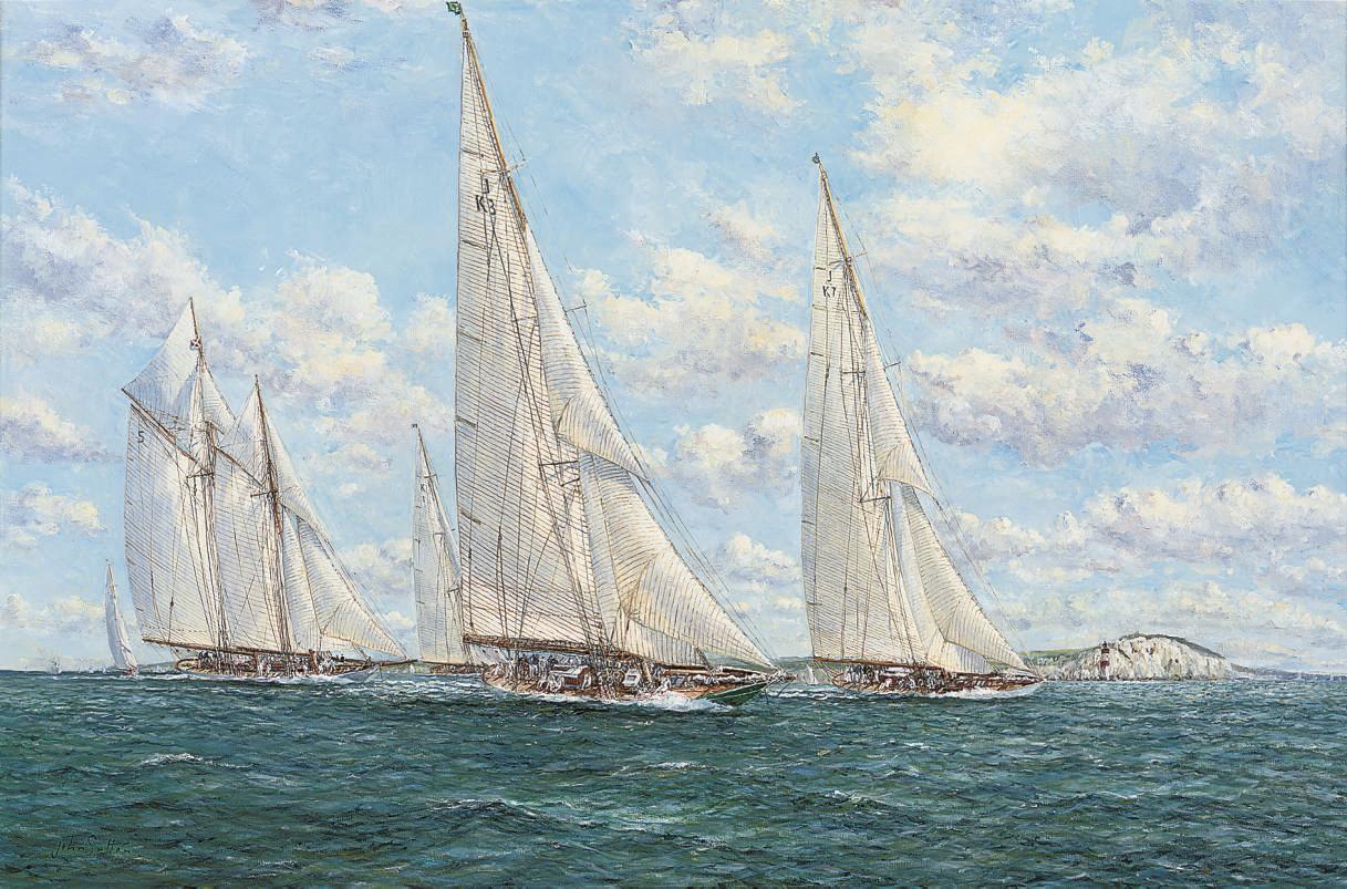 John Sutton - The Needles to port, Cowes Week, 1932:  Velsheda leading the fleet with Shamrock (V), Westward, Britannia and Astra astern of her