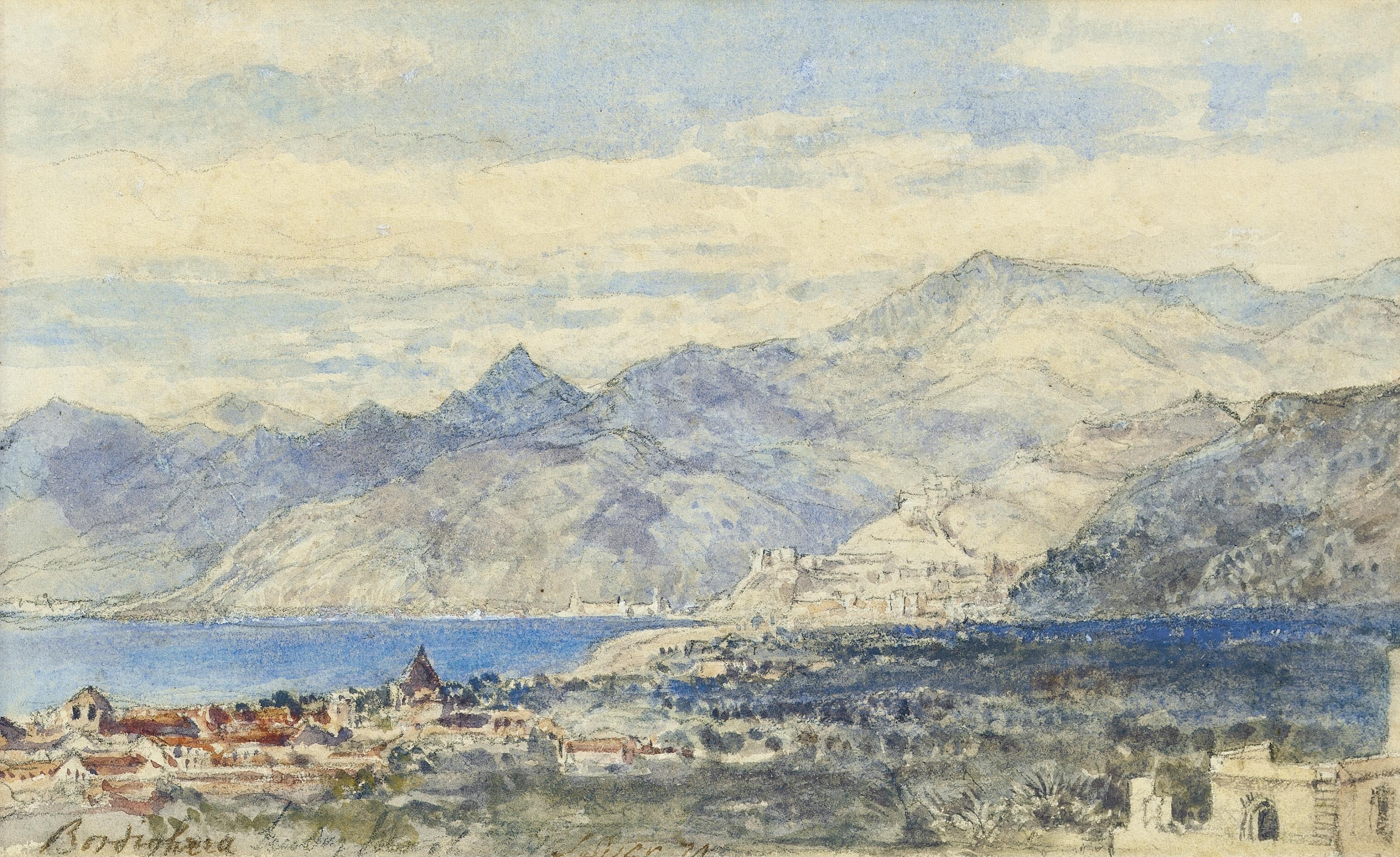 John Syer, R.I. - Xebecs off an Italian harbour; and Bordighera viewed from the hills (illustrated)