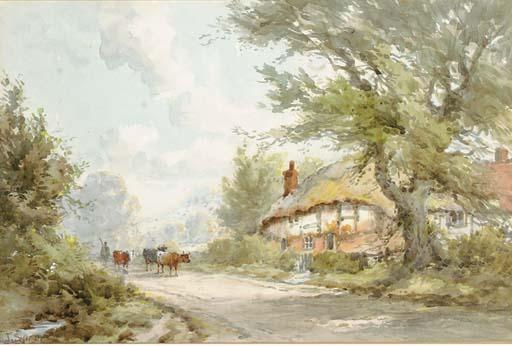 John Syer - A drover with cattle by a thatched cottage
