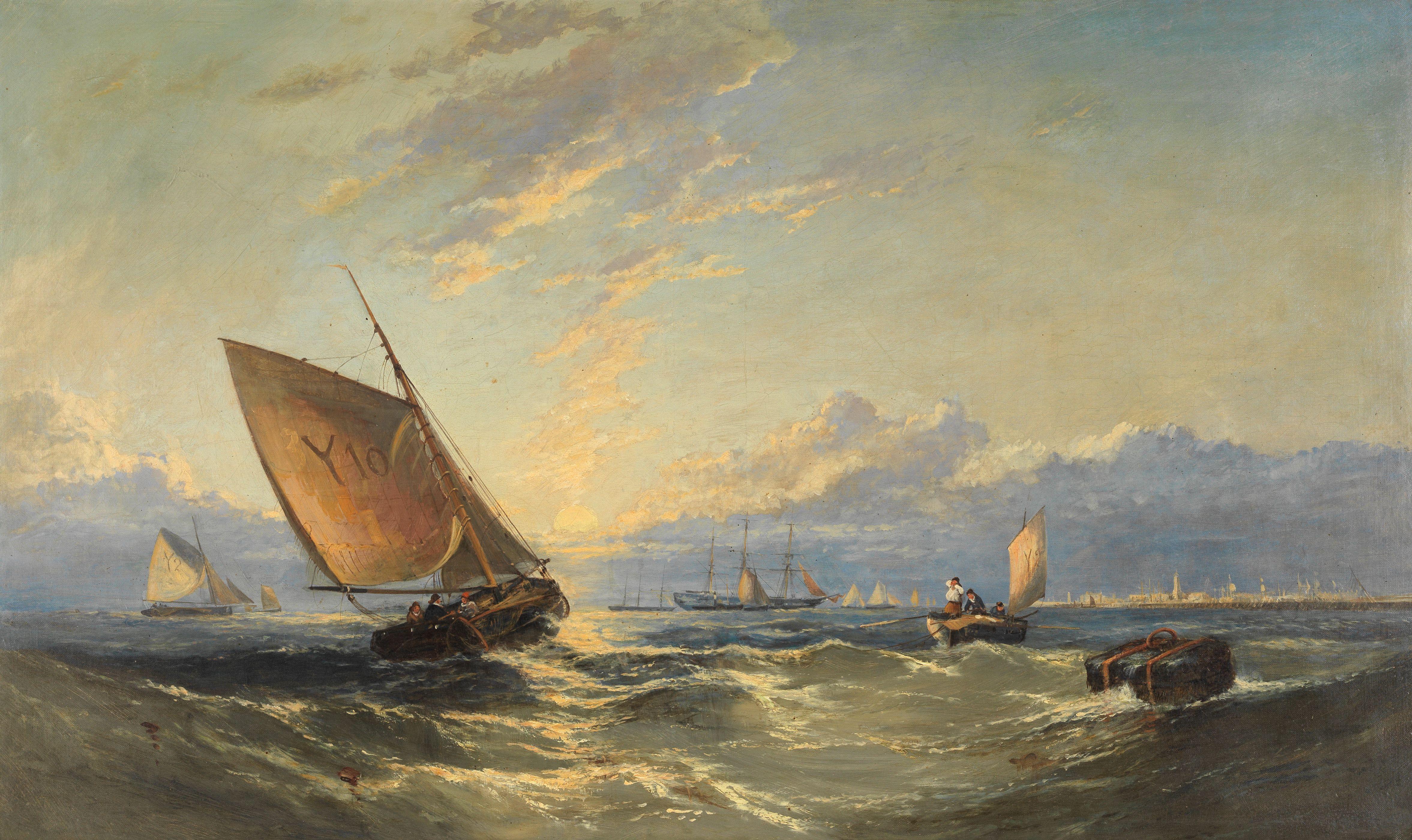 John Syer - Fishing boats working in Yarmouth Roads, with a view of the town beyond