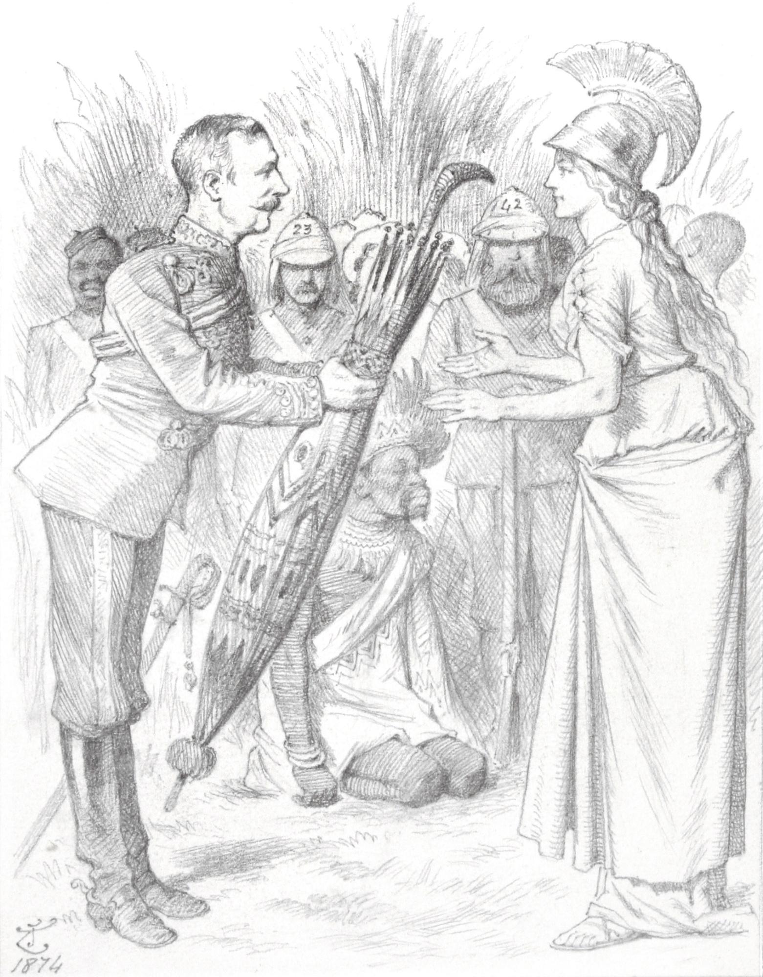 John Tenniel - ‘Dearly Bought’ (‘Sir Garnet “It Don\'T Look Much, Madam, But It Has Cost Good Money, And Better Lives!” Britannia “And But For You, Sir Garnet, Might Have Cost More Of Both!”’) (‘King Coffee\'S Umbrella Has Been Brought To England’ – Morning Paper)