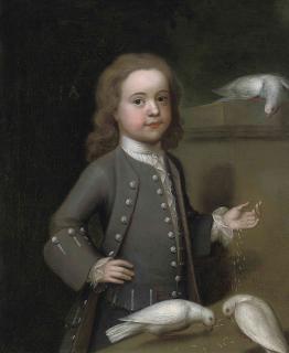 John Theodore Heins, Snr. - Portrait of Master Harry Spark Patterson (1725-1764), three-quarter-length, in a grey coat, feeding three doves on a ledge