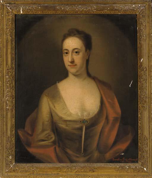 John Theodore Heins - Portrait of Dorothy Branthwayt (d.1769), half-length, in a turquoise dress and red wrap, feigned oval