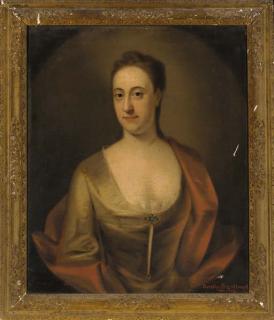 John Theodore Heins - Portrait of Dorothy Branthwayt (d.1769), half-length, in a turquoise dress and red wrap, feigned oval