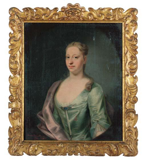 John Theodore Heins - Portrait of Julian Branthwayt, half-length, in a turquoise and purple wrap, feigned oval