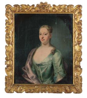 John Theodore Heins - Portrait of Julian Branthwayt, half-length, in a turquoise and purple wrap, feigned oval