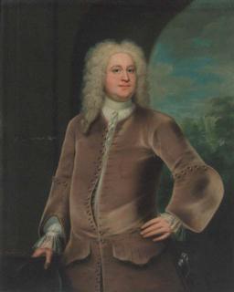 John Theodore Heins - Portrait of Miles Branthwayt (d.1751), three-quarter-length, in a brown coat and waistcoat, holding a hat, a landscape beyond