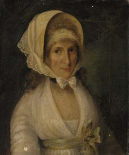 John Theodore Heins - Portrait of Mrs James Beevor, bust-length, in a white dress with a green sash and a white lace bonnet