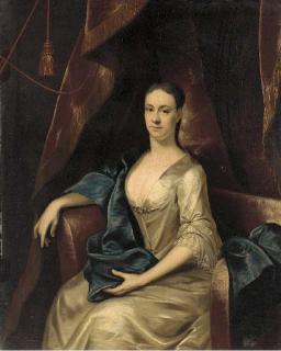 John Theodore Heins - Portrait of Rebecca Branthwayt (d.1740), neé Newton, seated three-quarter-length, in a white satin dress and blue wrap in a draped interior