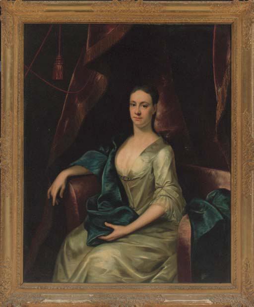 John Theodore Heins - Portrait of Rebecca Branthwayt (d.1740), née Newton, seated three-quarter-length, in a white satin dress and blue wrap, in a draped interior