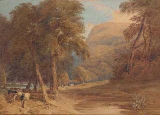 John Thirtle - A wooded river landscape with a herdsman and cattle