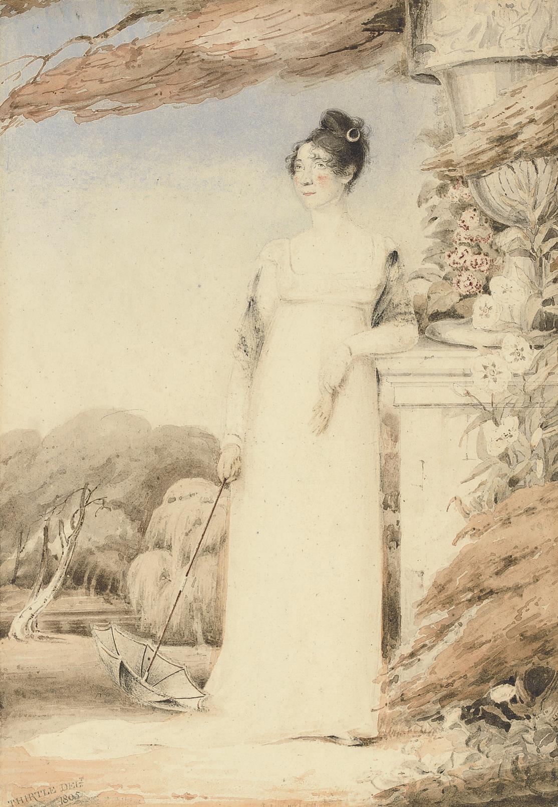 John Thirtle - Portrait of Ann Miles, later Mrs. John Sell Cotman, full-length, her right hand holding a parasol, her left arm resting on a plinth