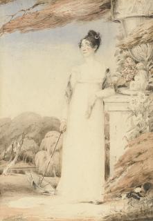 John Thirtle - Portrait of Ann Miles, later Mrs. John Sell Cotman, full-length, her right hand holding a parasol, her left arm resting on a plinth