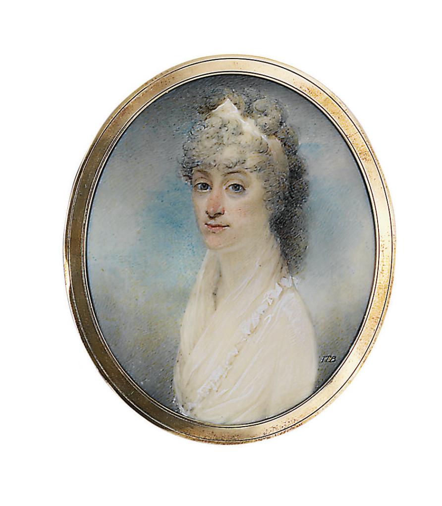 John Thomas Barber Beaumont - A lady, in white dress with frilled shawl collar, a white ribbon in her powdered curling hair; sky background