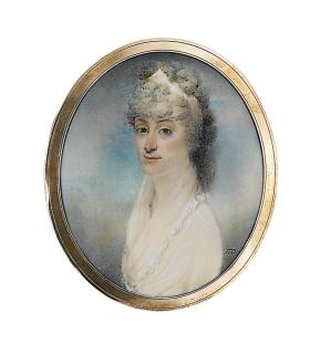 John Thomas Barber Beaumont - A lady, in white dress with frilled shawl collar, a white ribbon in her powdered curling hair; sky background