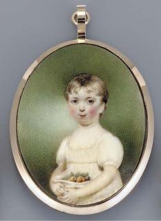 John Thomas Barber Beaumont - A young girl holding fruit in the folds of her white dress, short fair hair