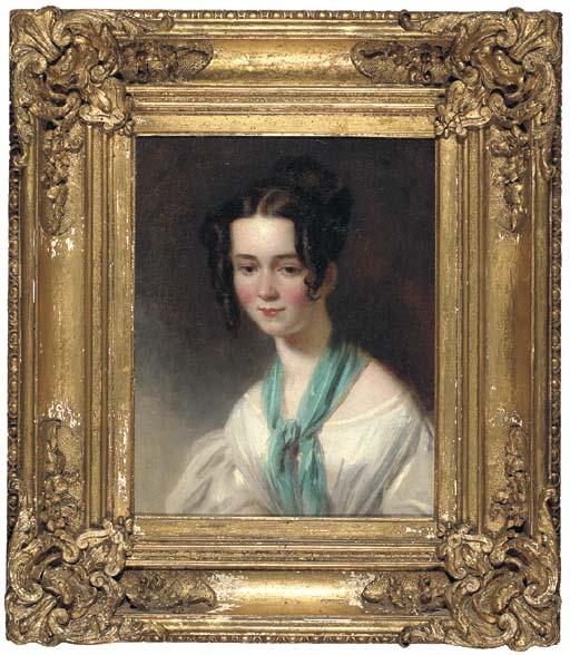 John Thomas Barber Beaumont - Portrait of Emily Beaumont (d.1849), the artist\'s daughter, half-length in a white dress and green shawl