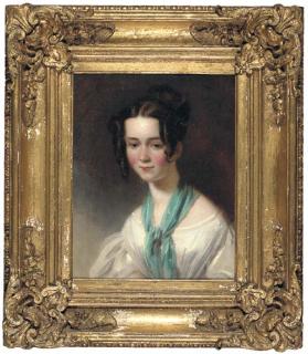 John Thomas Barber Beaumont - Portrait of Emily Beaumont (d.1849), the artist\'s daughter, half-length in a white dress and green shawl