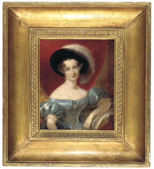 John Thomas Barber Beaumont - Portrait of Maria Beaumont, the artist\'s daughter, three-quarter-length, seated in a blue dress and a black velvet hat with ostrich plume, a red curtain beyond