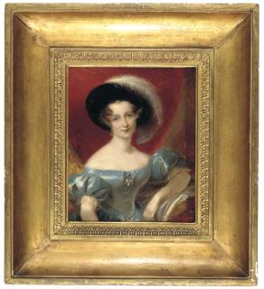 John Thomas Barber Beaumont - Portrait of Maria Beaumont, the artist\'s daughter, three-quarter-length, seated in a blue dress and a black velvet hat with ostrich plume, a red curtain beyond