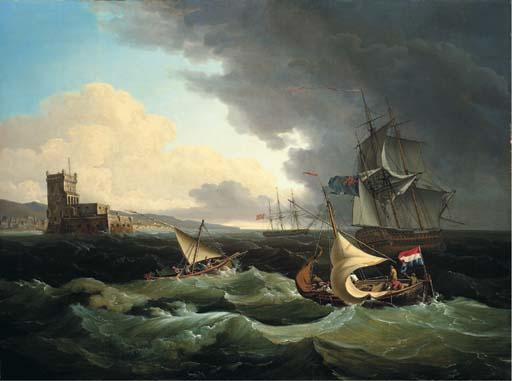 John Thomas Serres R.A. - Shipping off Lisbon, a seventy-four Third Rate passing two small craft as she heads out of the Tagus into a squall, with an anchored British frigate off her port beam and the Belém Tower receding astern