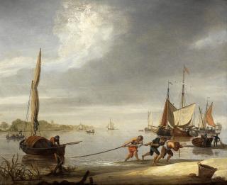 John Thomas Serres - A Coastal Scene With Figures Pulling A Boat Ashore