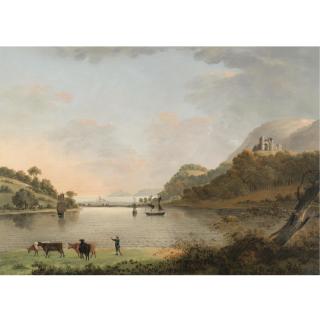 John Thomas Serres - A Drover With Cattle Before Ships Moored In An Estuary, A Castle Ruin Beyond