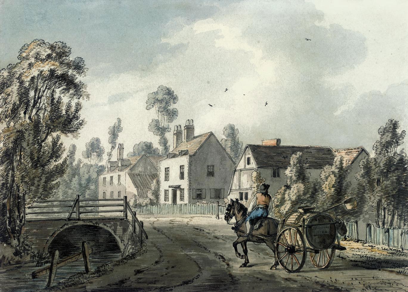 John Thomas Serres - A horse-drawn cart arriving in a village