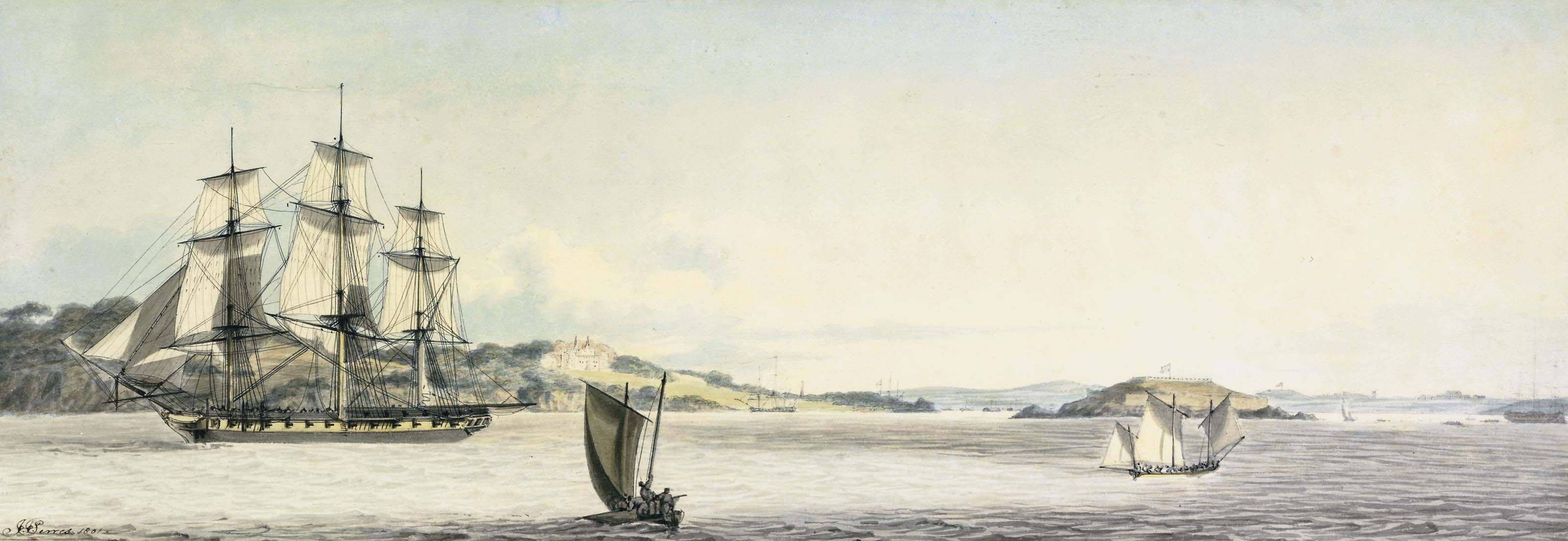 John Thomas Serres - A Royal Naval frigate heading down Plymouth Sound with small craft nearby