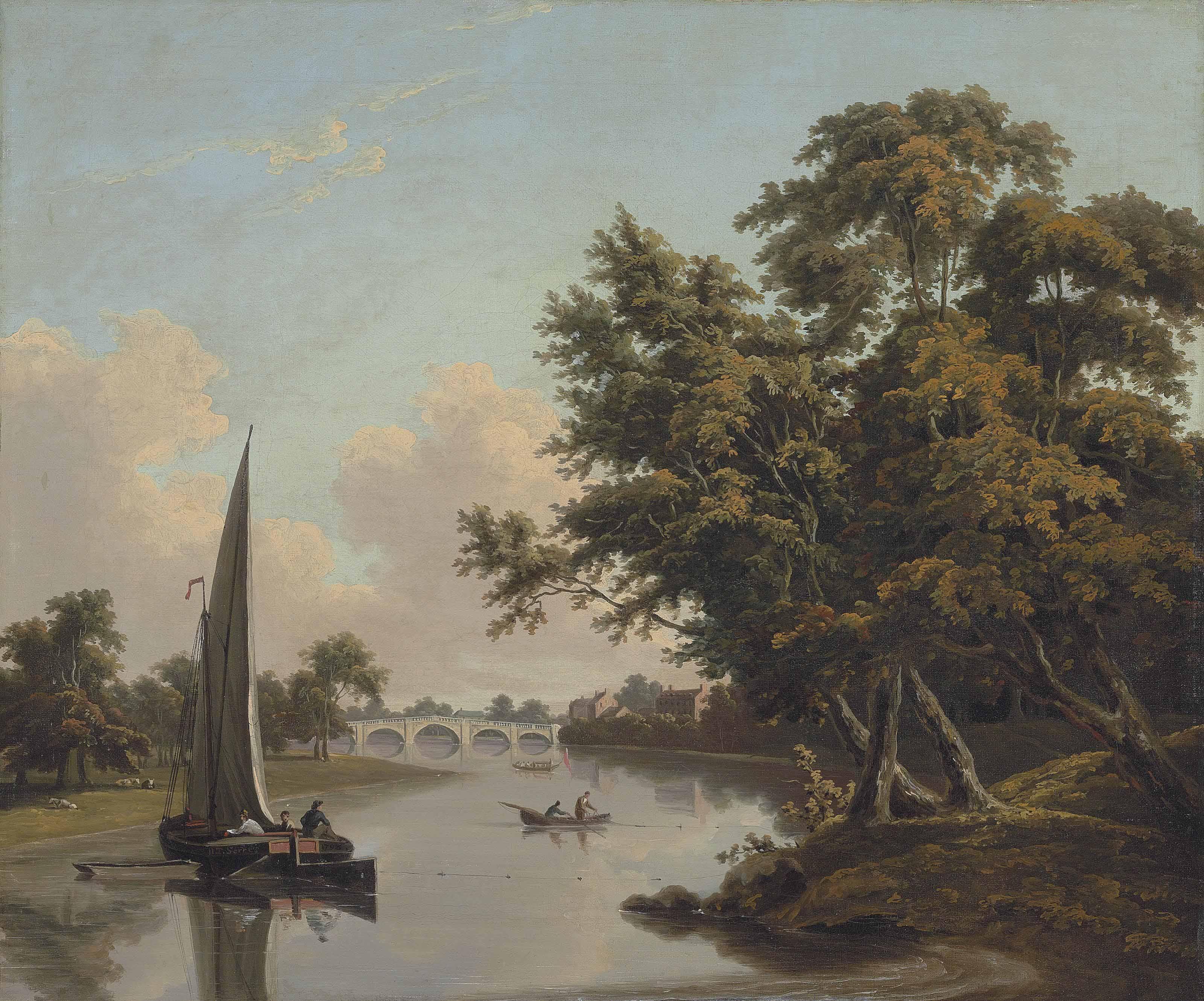 John Thomas Serres - A view of Richmond Bridge on the River Thames, with figures boating in the foreground