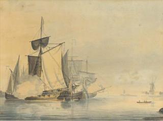 John Thomas Serres - An Admiralty yacht firing a salute to signal her departure