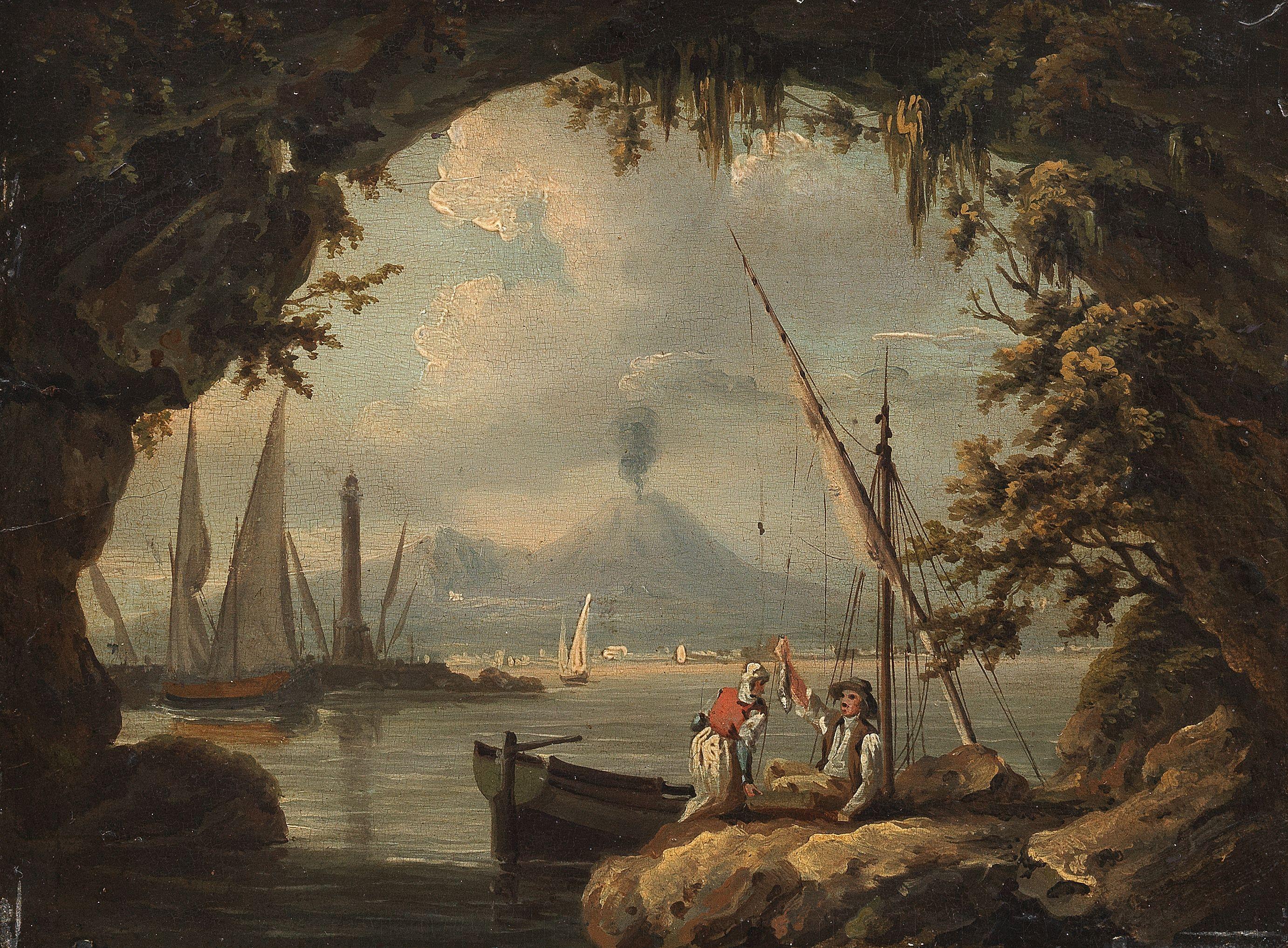 John Thomas Serres - Fisherman seated on the shore, Vesuvius beyond unframed