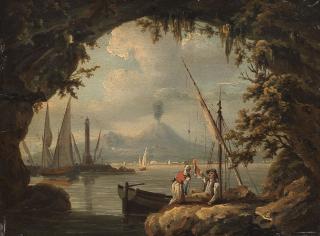 John Thomas Serres - Fisherman seated on the shore, Vesuvius beyond unframed