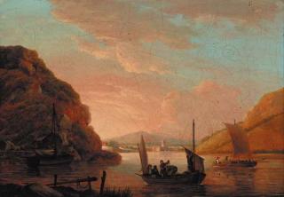 John Thomas Serres - Fishermen in a boat in an extensive river landscape, a church beyond