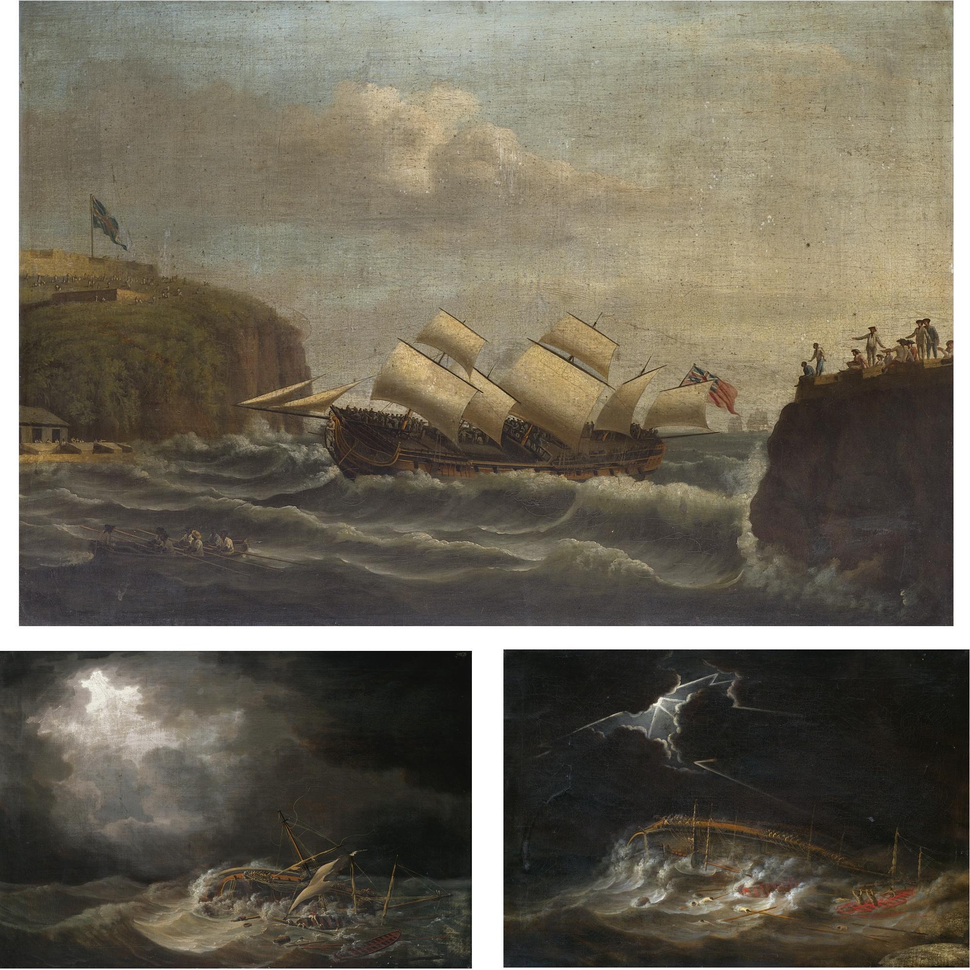 John Thomas Serres - The Amazon Entering The Harbour Of St Lucia; The Amazon In A Hurricane; The Amazon Shipwrecked