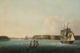 John Thomas Serres - The coast and entrance of Brest, with the HMS Boadicea making signal to a repeating frigate of the number of French and Spanish ships at anchor in the harbor
