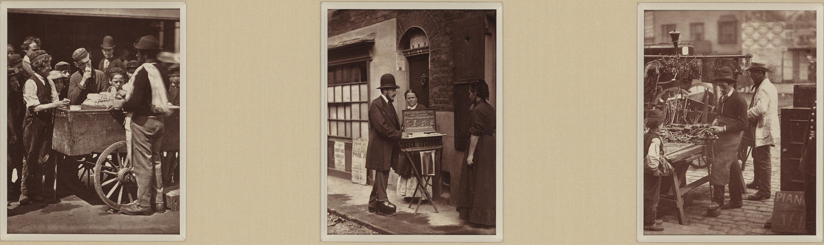 John Thomson - Halfpenny Ices; Street Doctor; and The Street Locksmith, all from \'Street Life in London\', 1877–1878