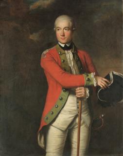 John Trotter - Portrait of an officer, three-quarter-length, in scarlet uniform with green facings, holding a cane in his right hand, in a landscape