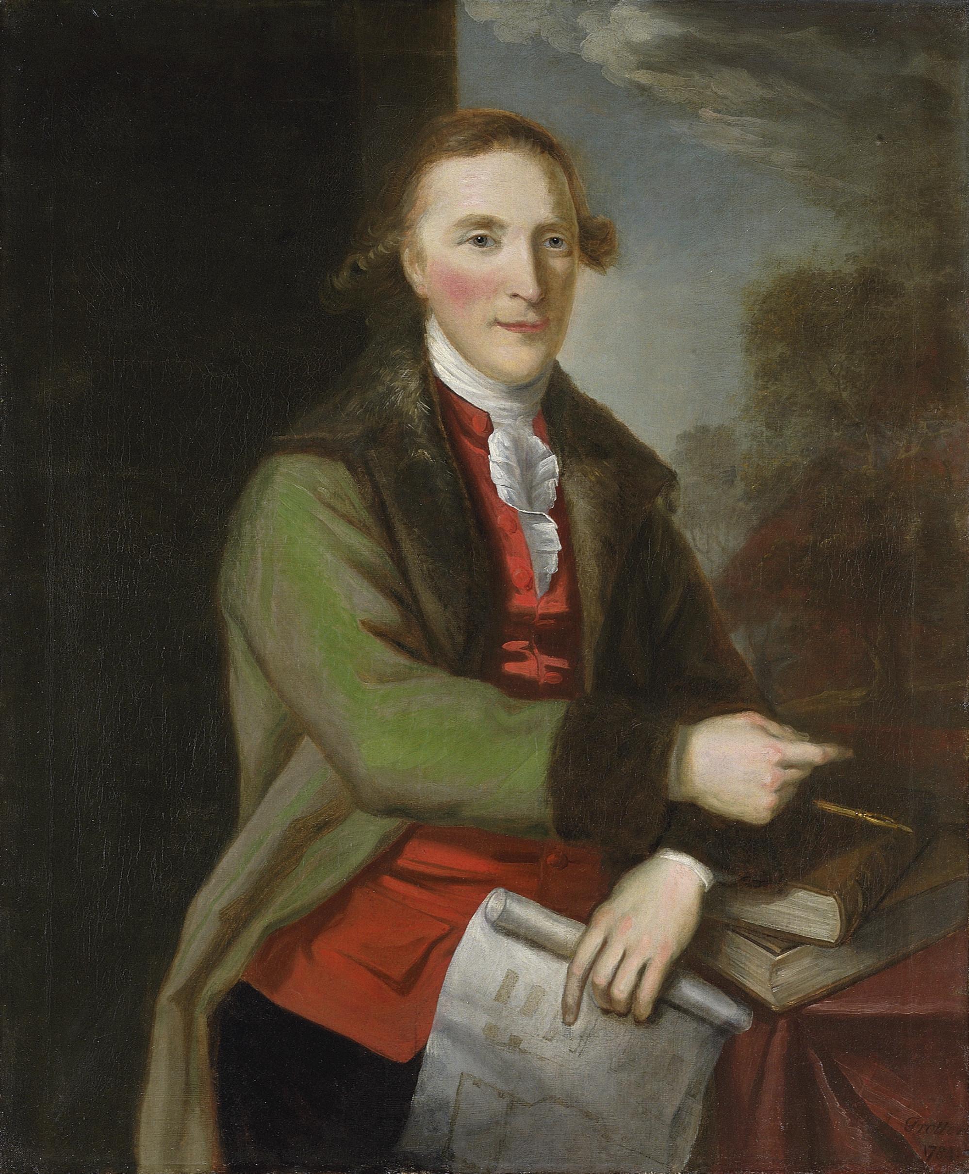 John Trotter - Portrait of Robert Mack, three-quarter-length, in a fur-trimmed green coat, holding architectural plans, with a landscape beyond