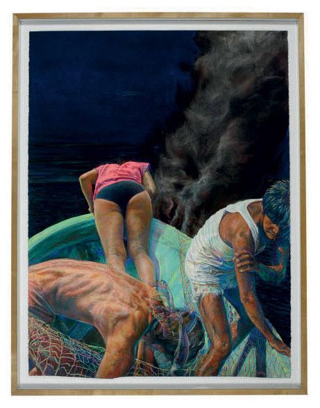 John Valadez - Beto\'s Vacation (Water, Land, Fire): a triptych