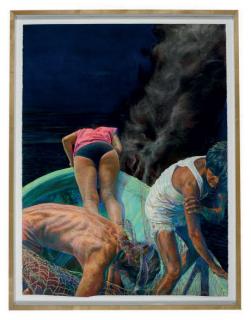 John Valadez - Beto\'s Vacation (Water, Land, Fire): a triptych