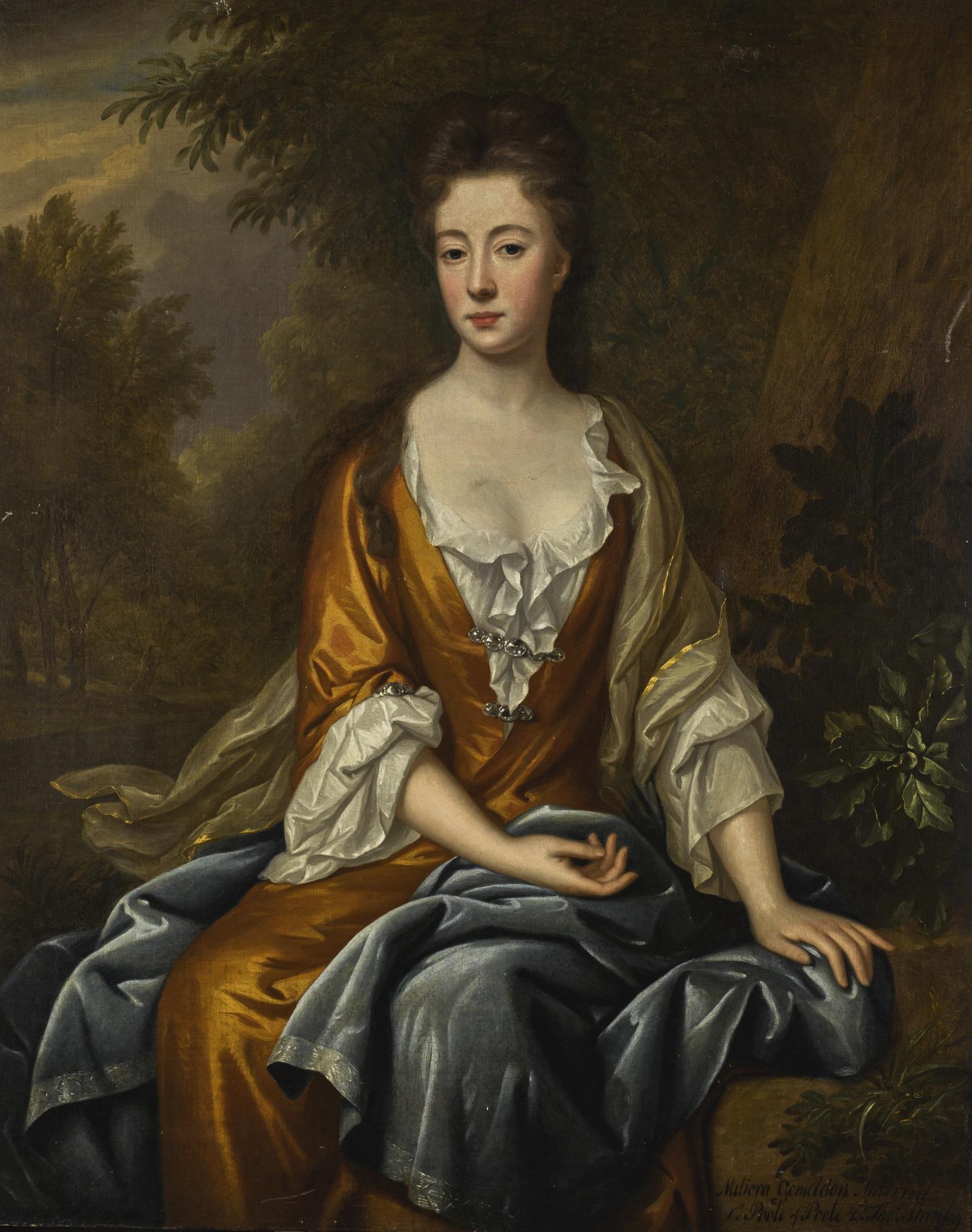 John van der Vaart - Portrait Of Meliora Gomeldon (Circa 1674-1719), Three-Quarter-Length, Wearing An Orange Dress With Blue And White Cloak, Seated In A Landscape
