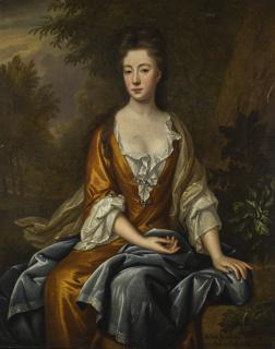 John van der Vaart - Portrait Of Meliora Gomeldon (Circa 1674-1719), Three-Quarter-Length, Wearing An Orange Dress With Blue And White Cloak, Seated In A Landscape