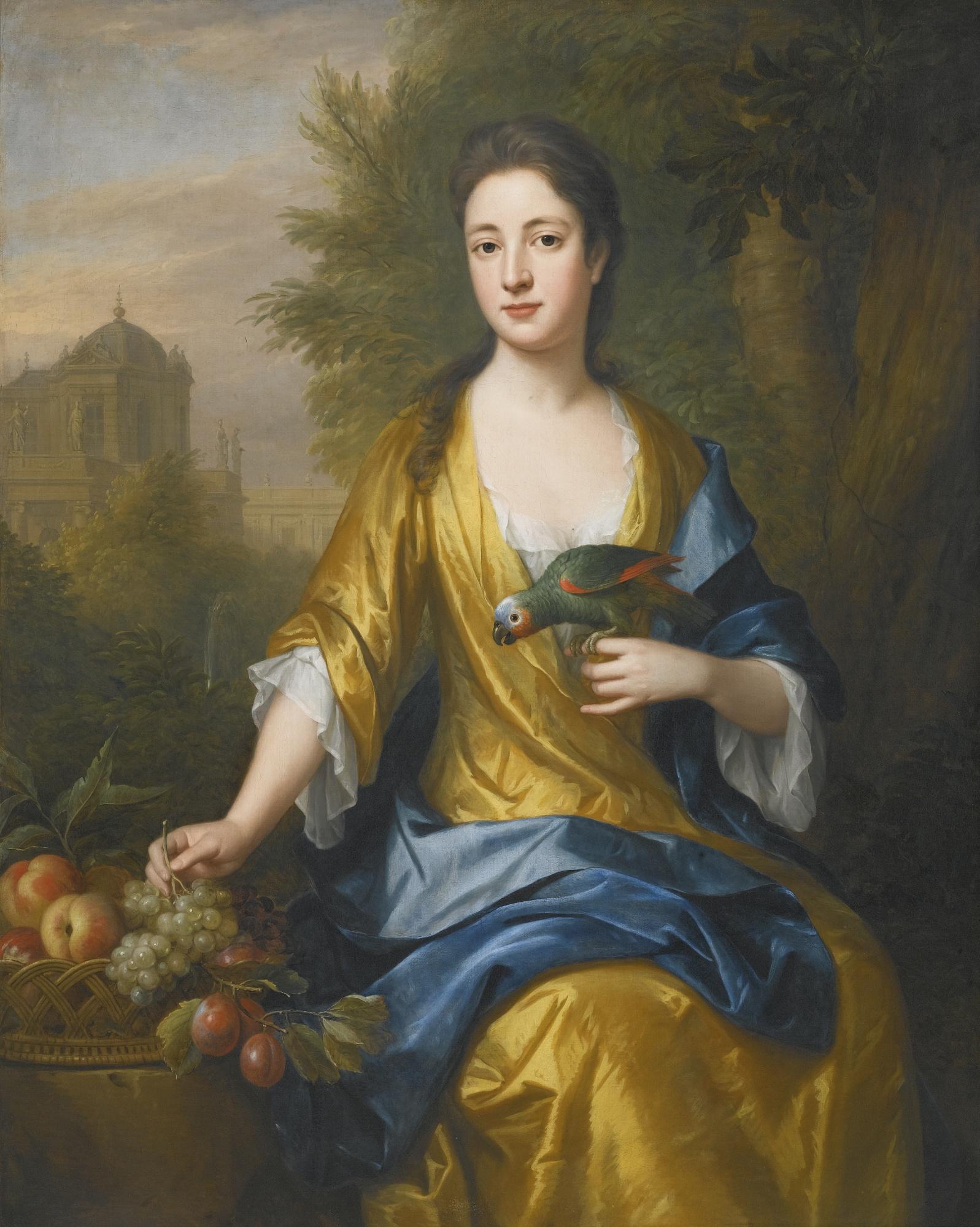 John Van Der Vaart - Portrait Of Miss Katherine Bristow, Holding A Parrot In Her Left Hand