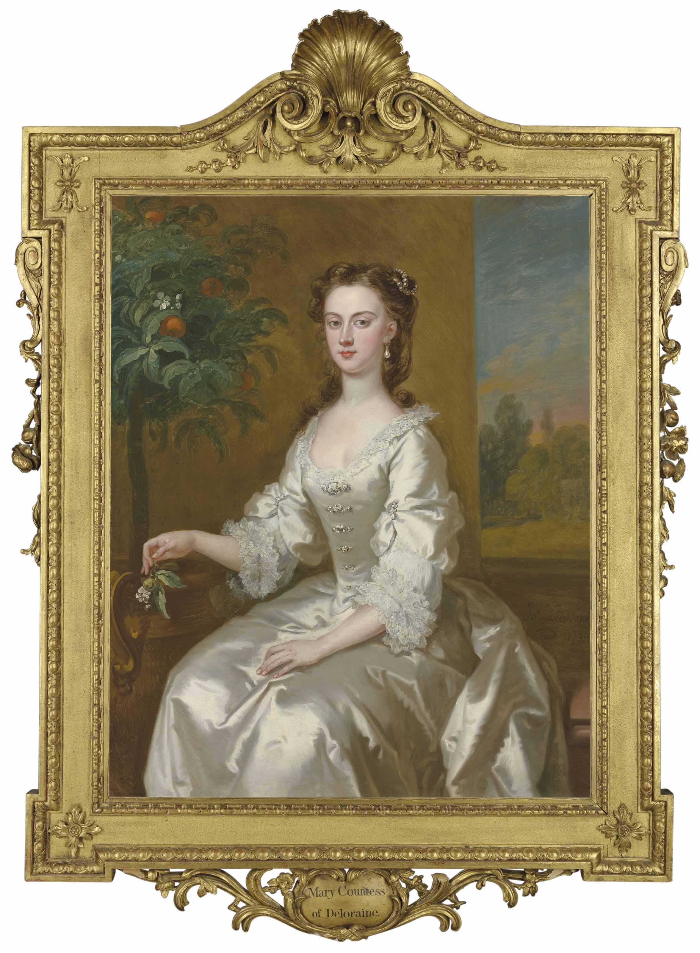John Vanderbank - Mary, Countess of Delorain (1705-1737), three-quarter length, in a white dress by an orange tree, a landscape beyond
