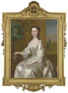 John Vanderbank - Mary, Countess of Delorain (1705-1737), three-quarter length, in a white dress by an orange tree, a landscape beyond