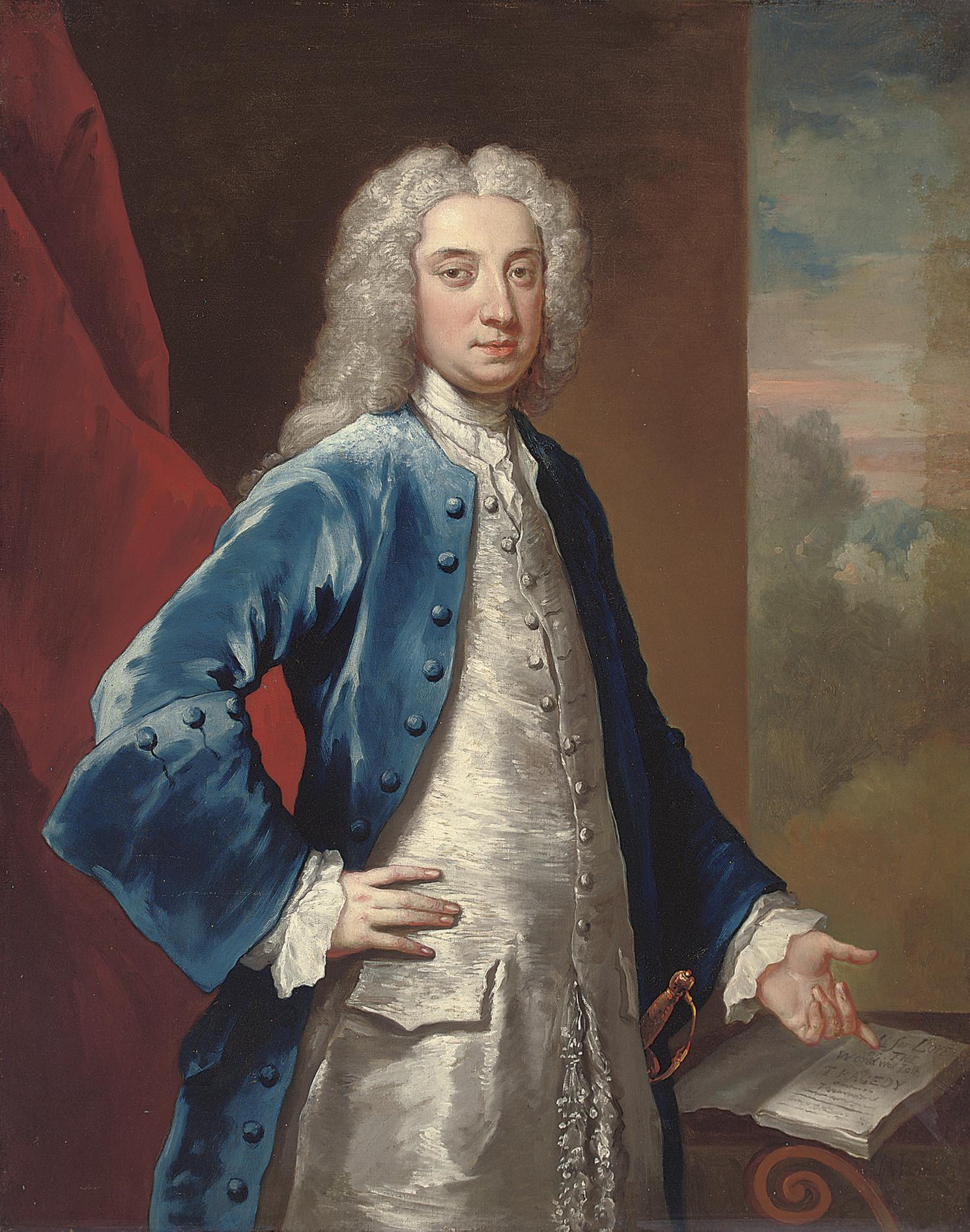 John Vanderbank - Portrait of a gentleman, three-quarter-length, in a blue coat and oyster satin waistcoat, pointing at a manuscript of Dryden\'s play All for Love\', 1678, a landscape beyond