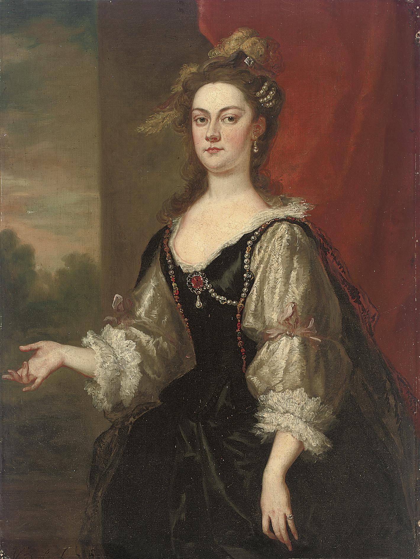 John Vanderbank - Portrait of Katherine (d.1766), Countess of Rockingham, later Countess Guilford, three-quarter-length, in a black bejewelled dress with lace sleeves and an ostrich plumed headdress, by a red curtain, a landscape beyond