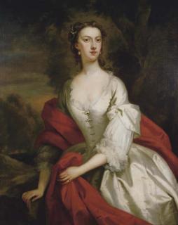 John Vanderbank - Portrait of Lady Albermarle, Three-Quarter Length, Wearing A Grey Dress With A Red Wrap, In A Landscape